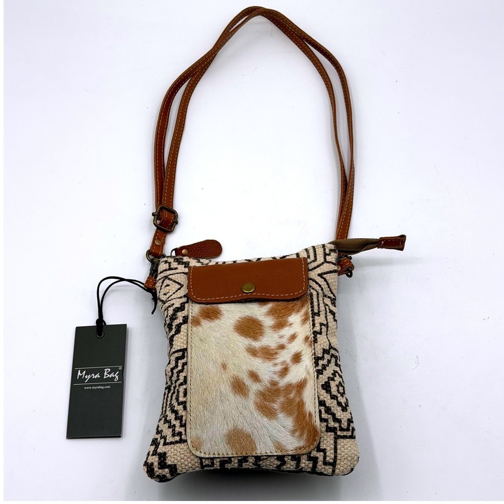 Myra Bag Small Crossbody Cowhide Leather Canvas Woven Geometric S-1294 NEW
